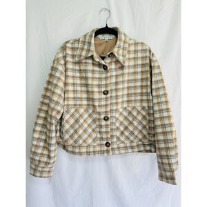 HYFVE Women's Tan/Cream Flannel Plaid Cropped Shacket, SZ L Front Pockets Lined